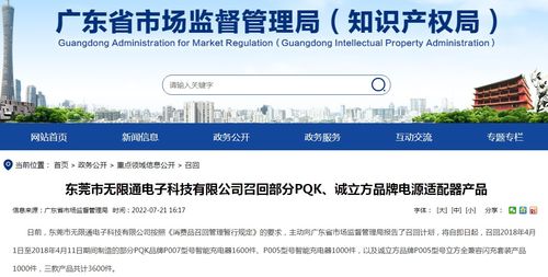 東莞市無限通電子科技召回部分PQK誠立方品牌電源適配器產品，上海網絡與信息安全軟件開發